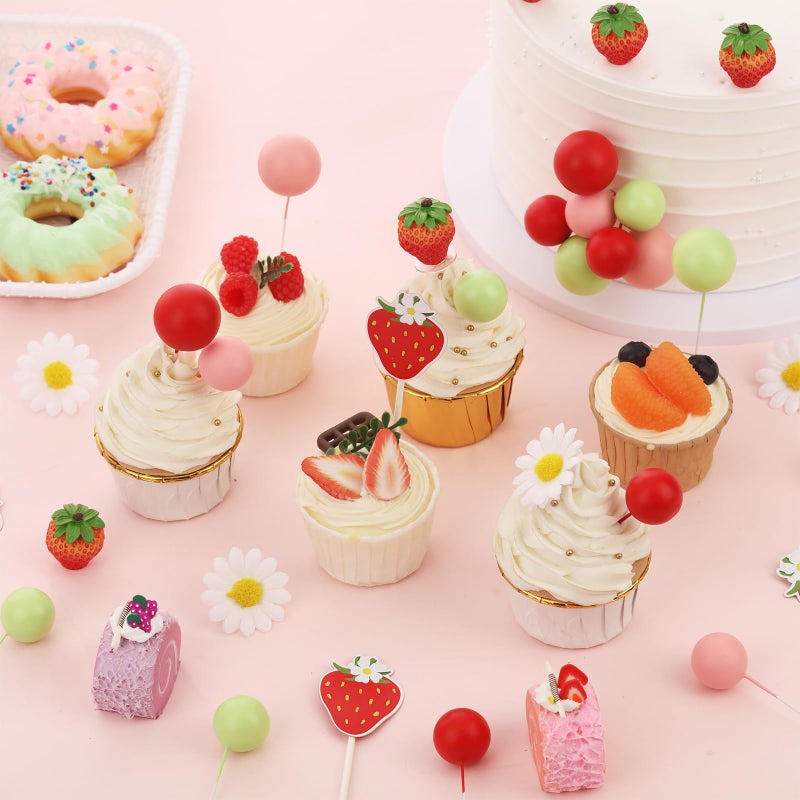 Cheereveal Strawberry Cake Figures Decorations for Girls - Strawberry Theme Birthday Cake Cupcake Toppers Ball Dessert Picks, Fruit Theme Birthday Party Baby Shower Celebration Photo Props - Image 3